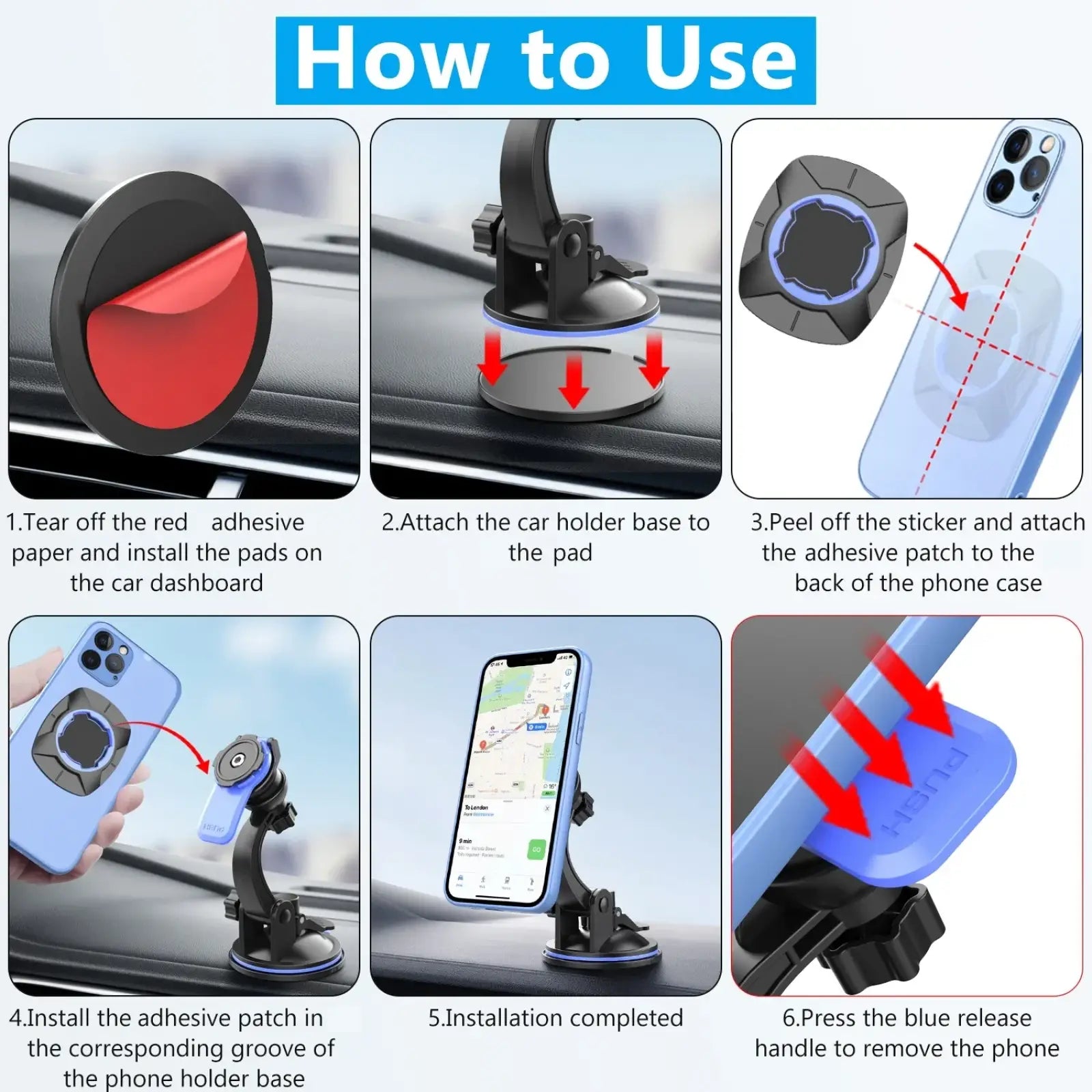Black and blue magnetic car phone mount with suction cup base for 360 rotation dashboard holding