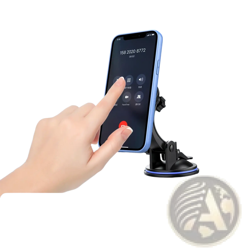Blue car phone mount with 360 rotation and black suction cup base holding a smartphone on dashboard