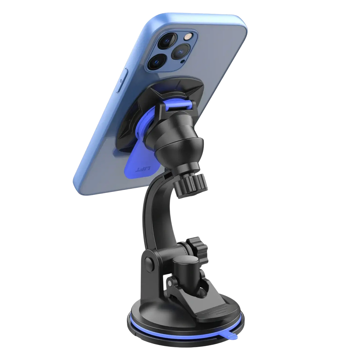Black and blue suction cup car phone mount with adjustable arm holding a light blue smartphone for 360 rotation dashboard use