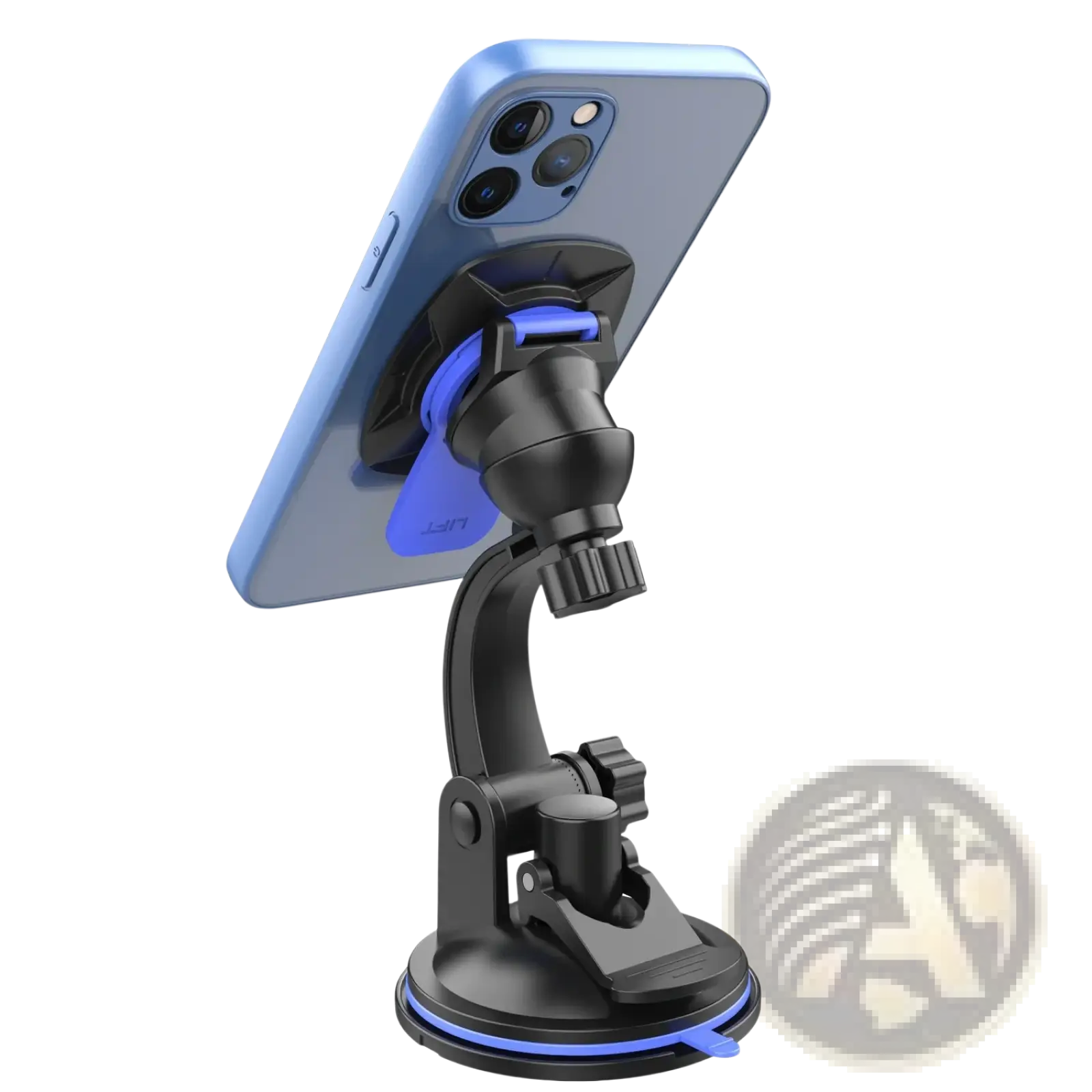 Black and blue suction cup car phone mount with adjustable arm holding a light blue smartphone for 360 rotation dashboard use