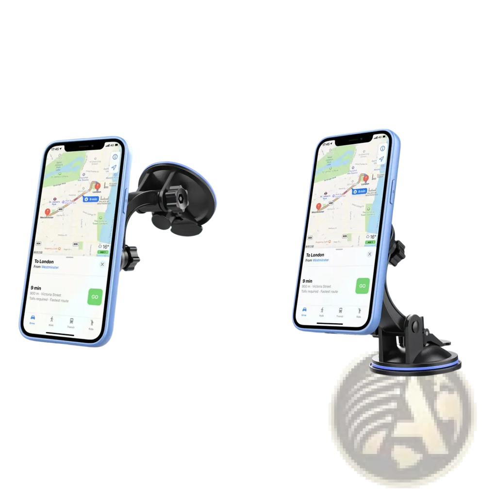 Black suction cup car phone mount with adjustable arm for 360 rotation on windshield or dashboard use