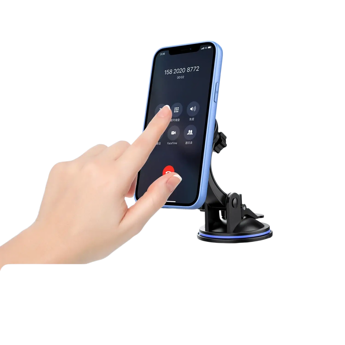 Blue car phone mount with 360 rotation and black suction cup base holding a smartphone on dashboard