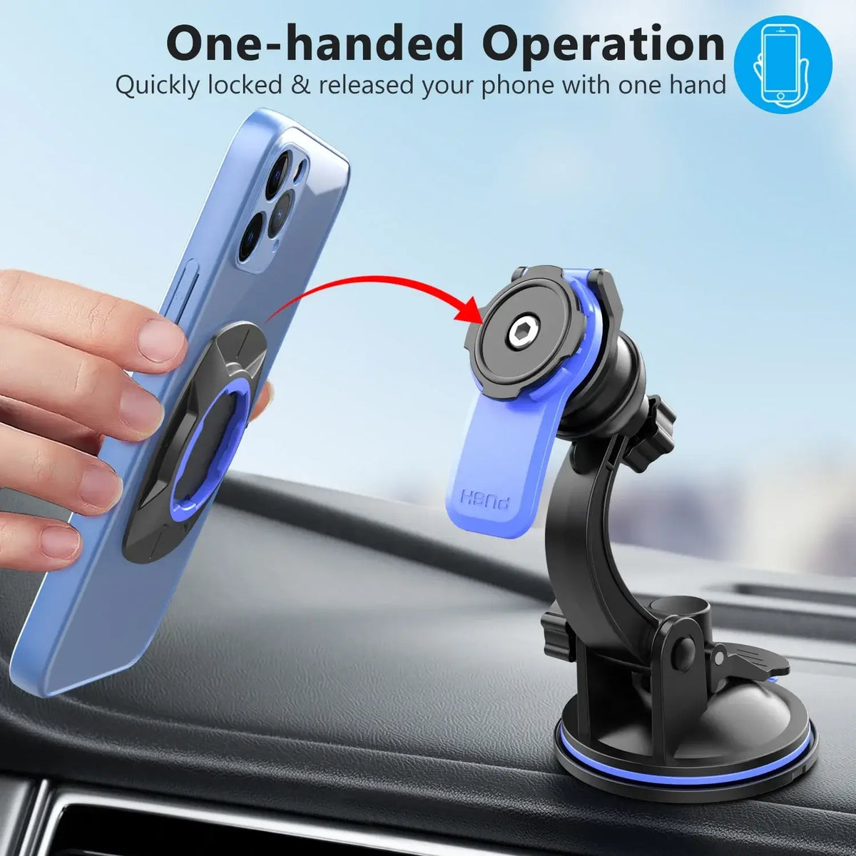 Blue and black one-handed car phone mount with suction cup base and 360 rotation for dashboard use