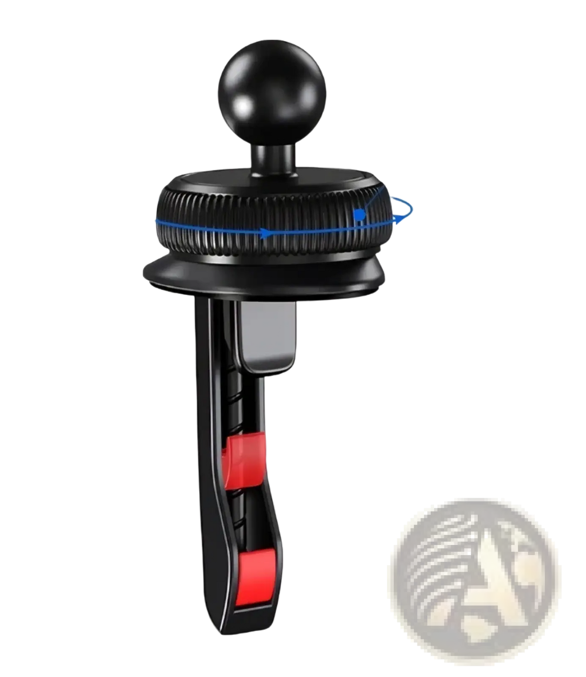 Black 17mm ball mount with red rubber grips and textured grip ring for car phone and tablet mount with interchangeable balls