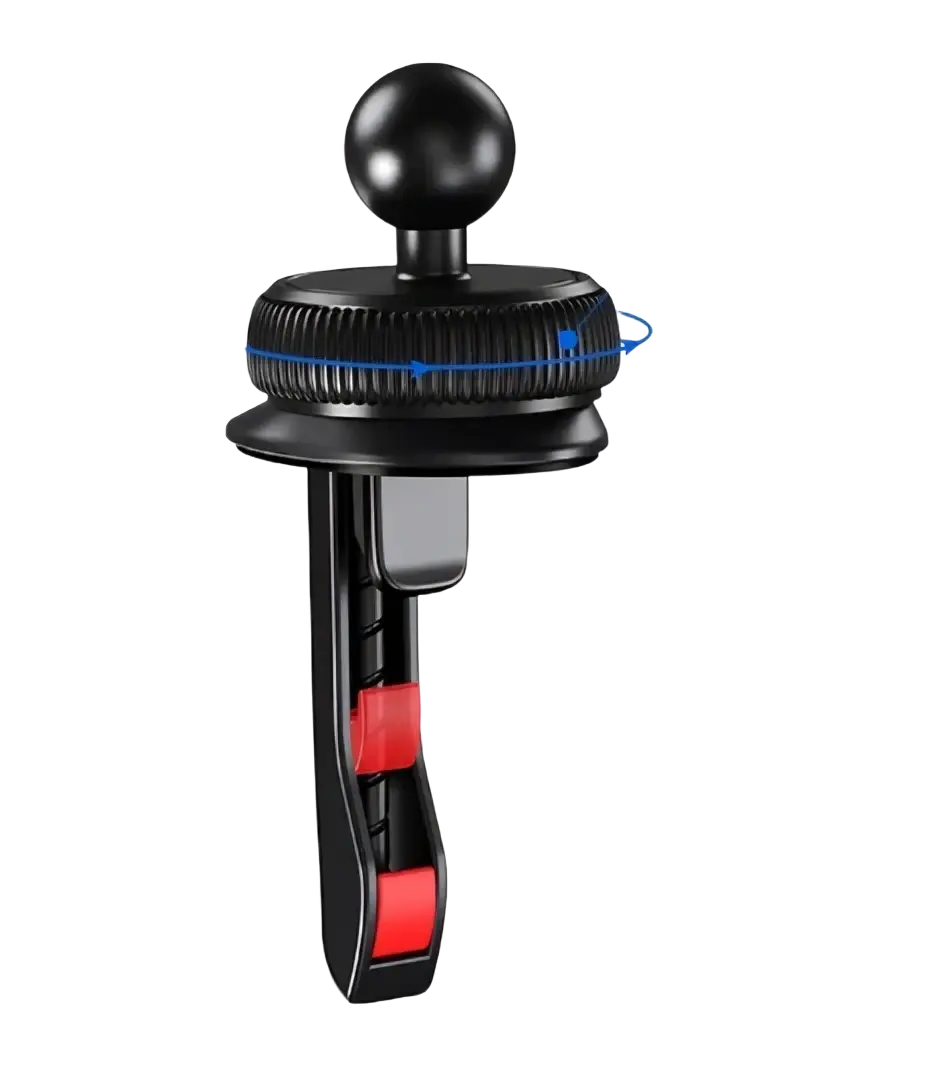 Black 17mm ball mount with red rubber grips and textured grip ring for car phone and tablet mount with interchangeable balls