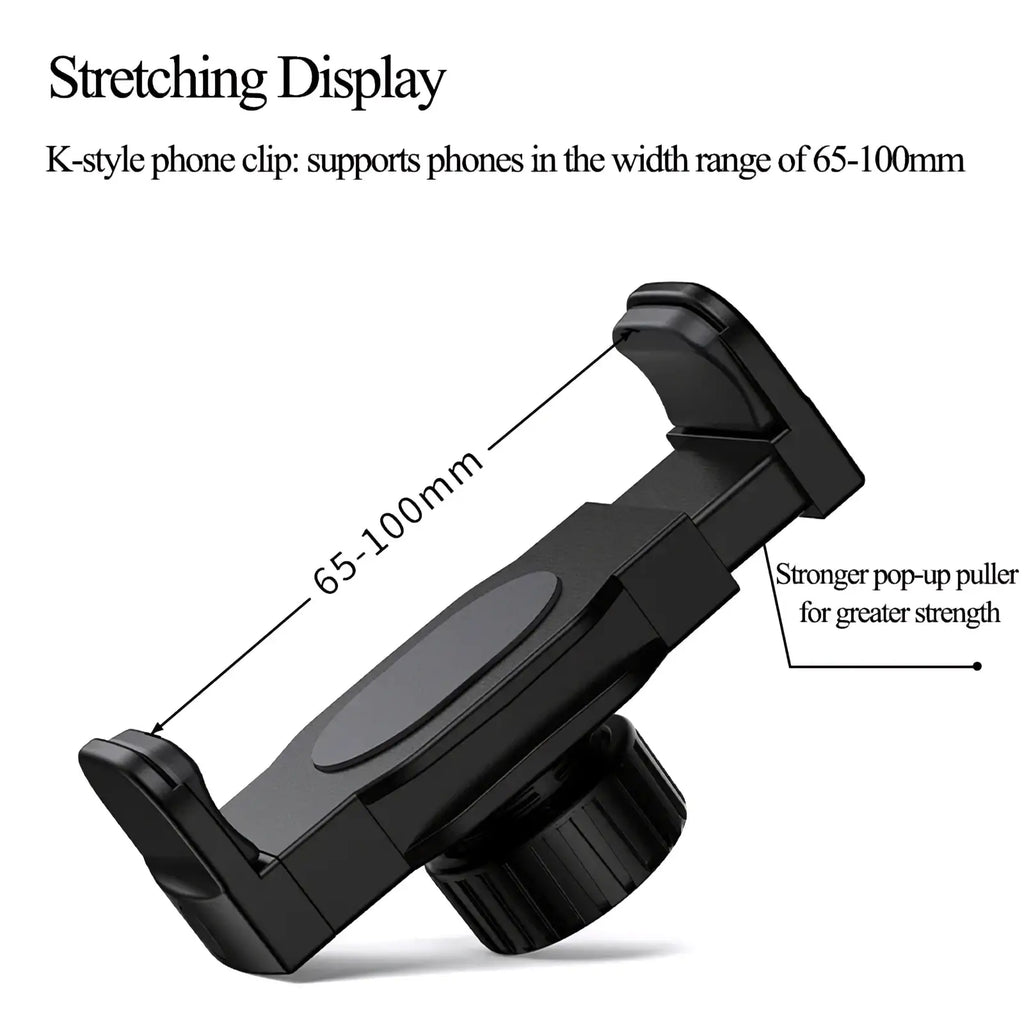 Black k-style car phone and tablet mount clip with magnetic base and adjustable clamp for phones 65-100mm wide