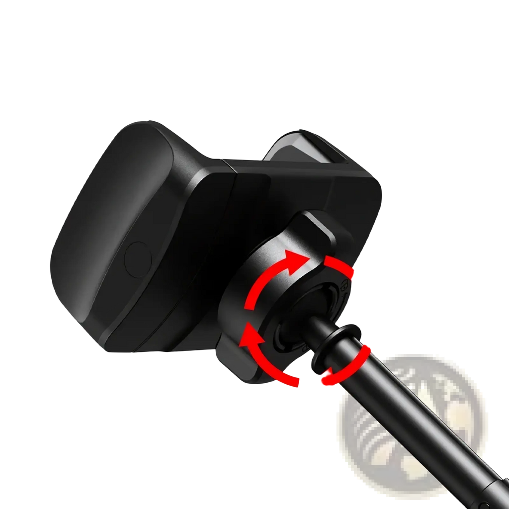 Black plastic car phone and tablet mount with 360-degree rotating clamp and interchangeable balls shown from the back side
