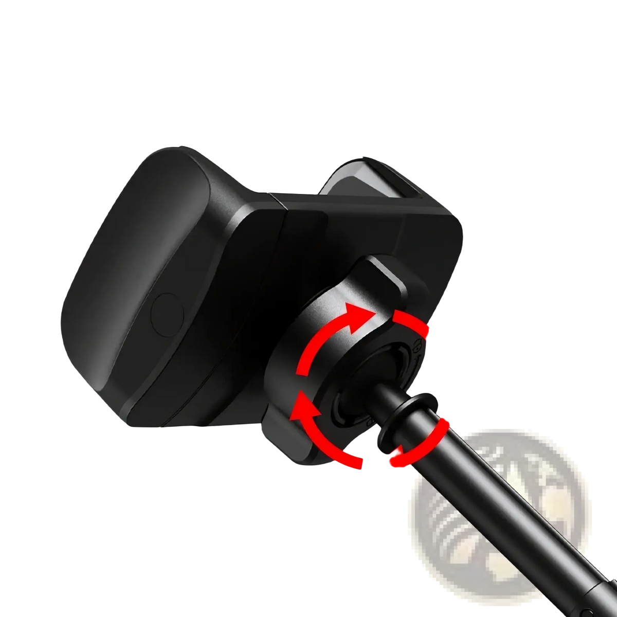 Black plastic car phone and tablet mount with 360-degree rotating clamp and interchangeable balls shown from the back side
