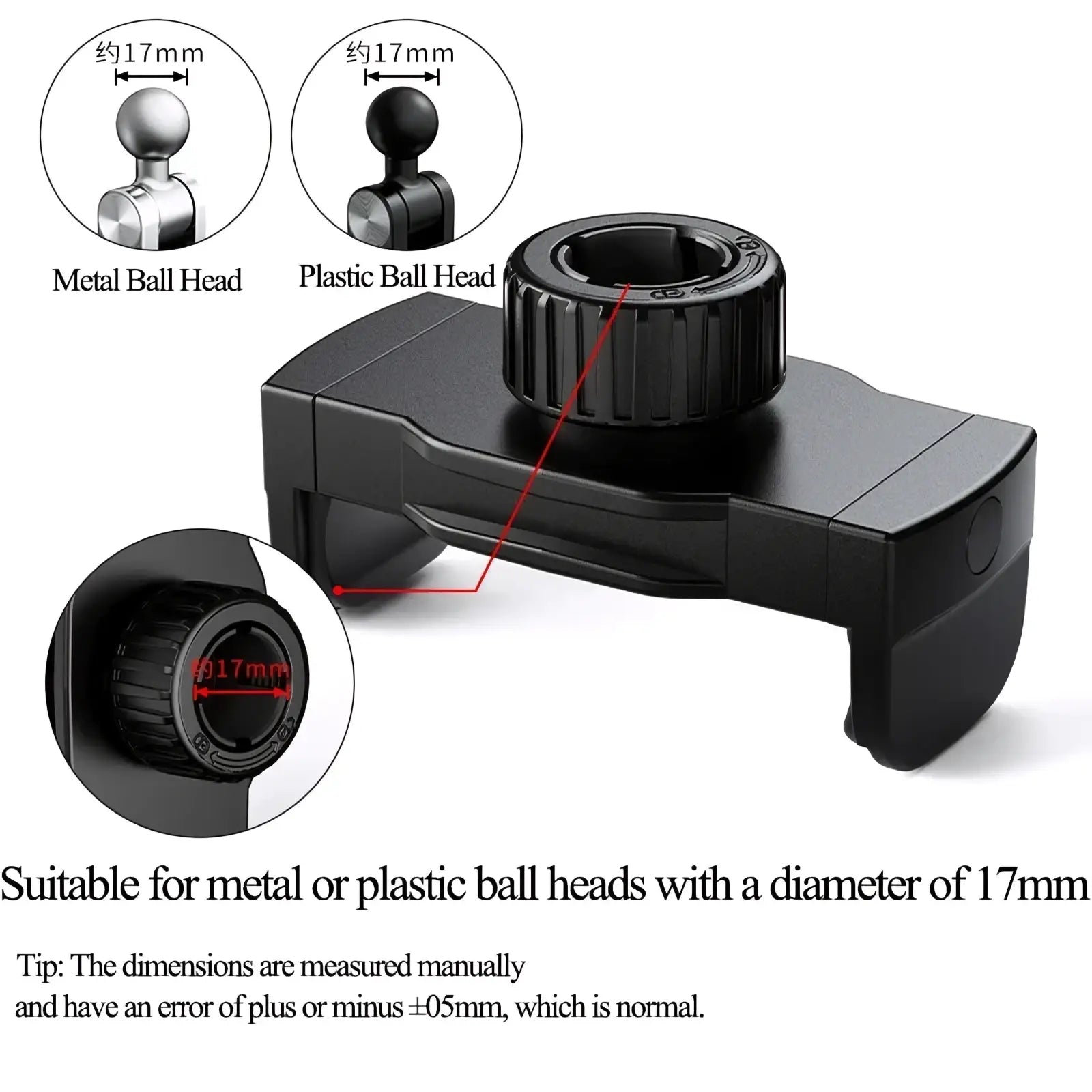 Black plastic car phone and tablet mount with 17mm threaded base and metal and plastic interchangeable ball heads back view