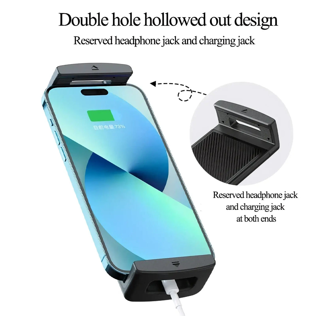 Black plastic car phone and tablet mount with double hole design for headphone jack and charging port access