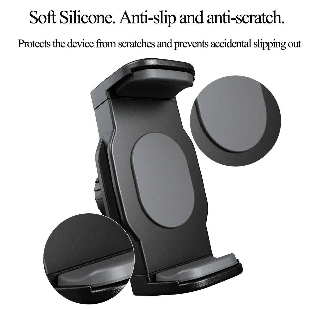 Black soft silicone car phone and tablet mount with anti-slip and anti-scratch features and interchangeable balls