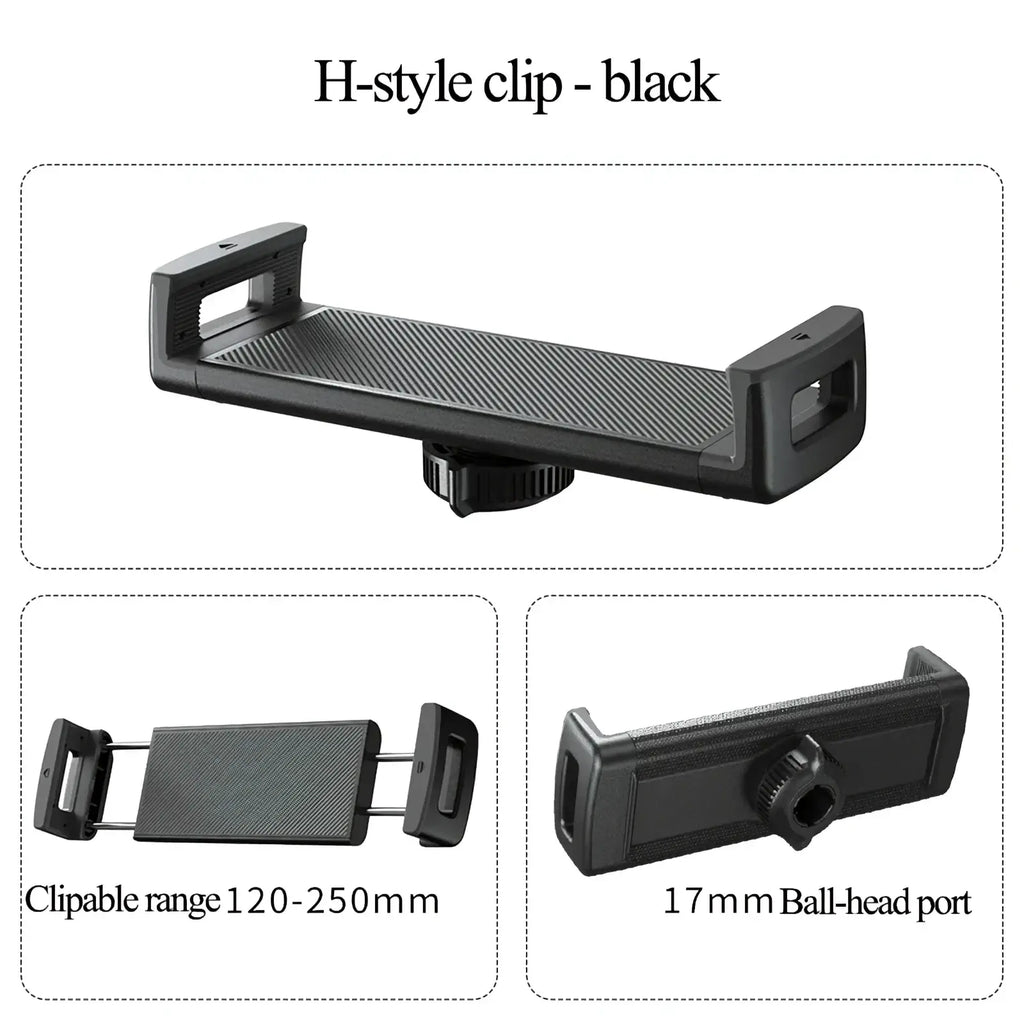 Black h-style clip with textured grip and 17mm ball-head port for car phone and tablet mount interchangeable balls