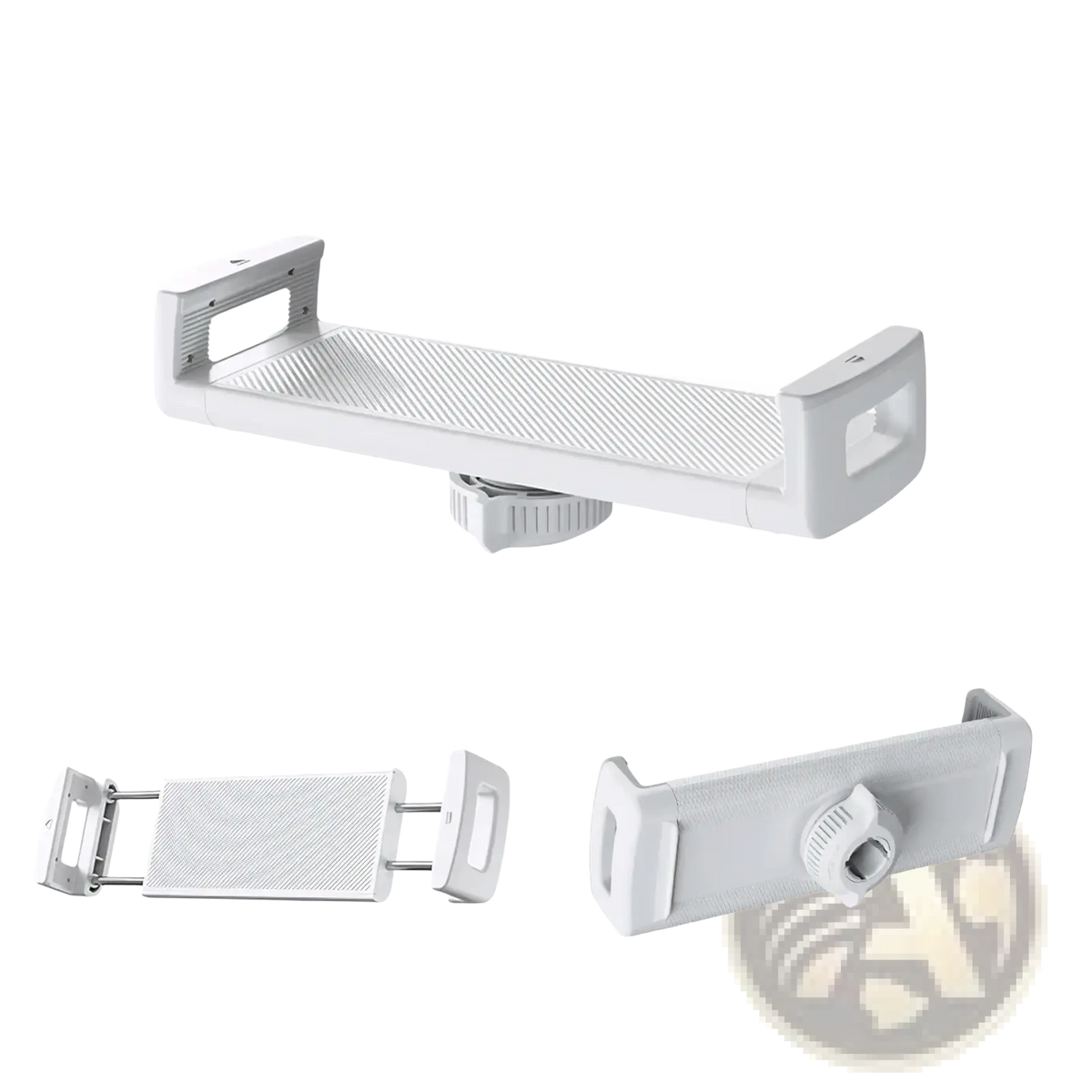White h-style clip with textured grip and 17mm ball-head port for car phone and tablet mount use