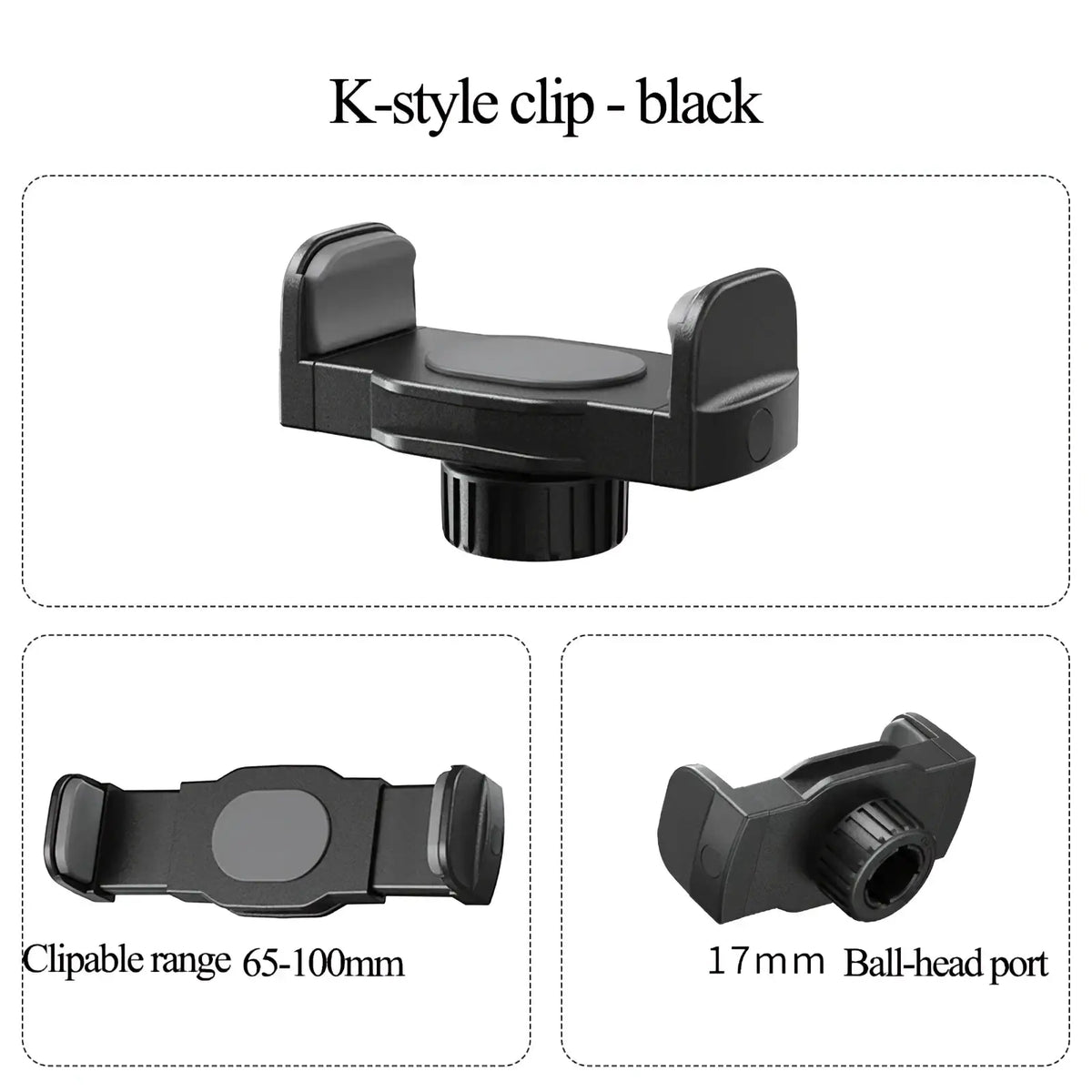 Black k-style car phone and tablet mount clip with magnetic base and 17mm ball-head port shown from back side