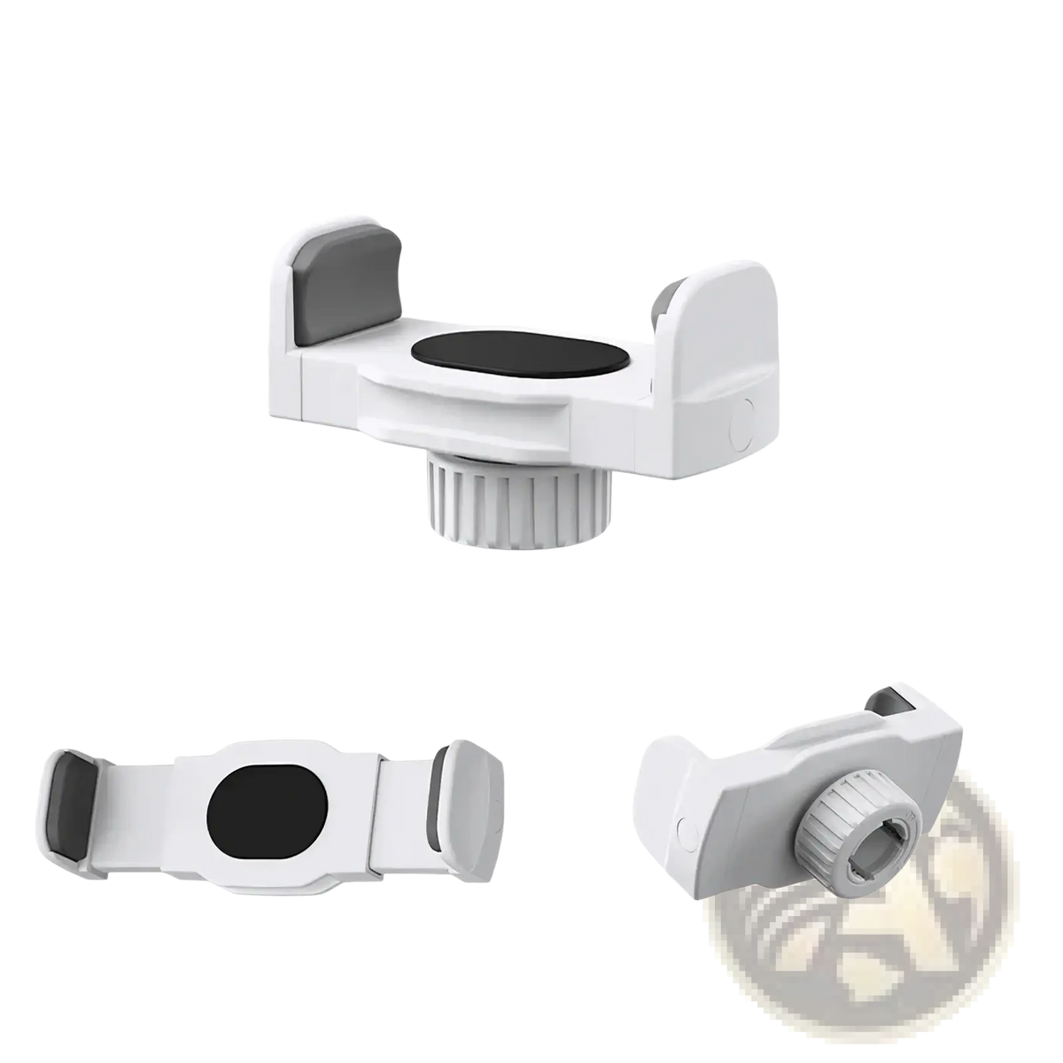 White k-style car phone and tablet mount clip with black pad, textured grip, and adjustable ball-head port backside view