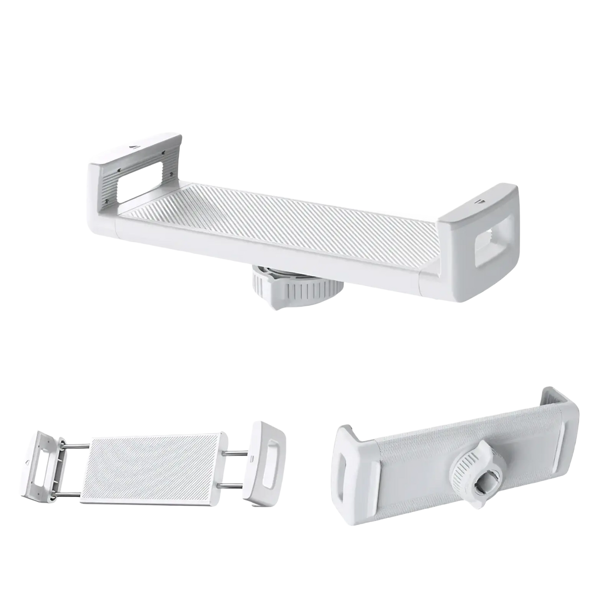 White h-style clip with textured grip and 17mm ball-head port for car phone and tablet mount use