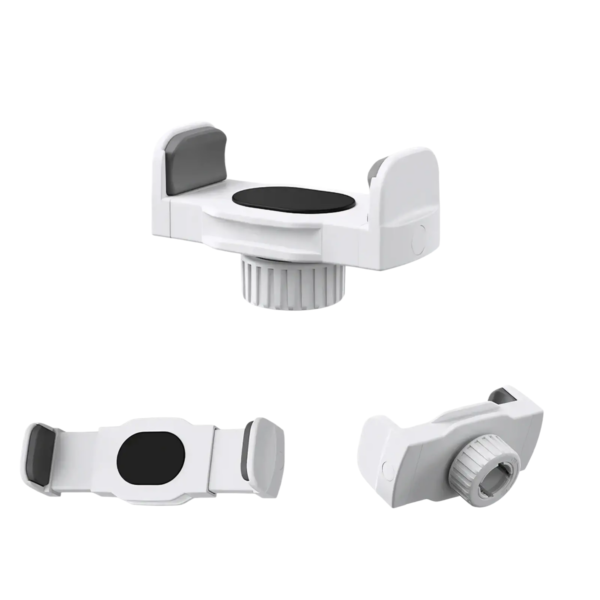 White k-style car phone and tablet mount clip with black pad, textured grip, and adjustable ball-head port backside view