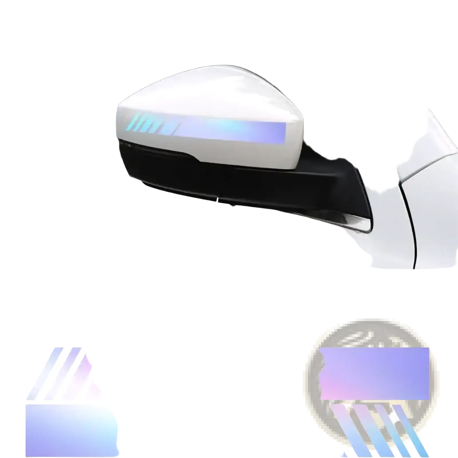 White car rearview mirror showing a glowing rainbow-colored led strip vinyl decal from the striped vinyl decals set