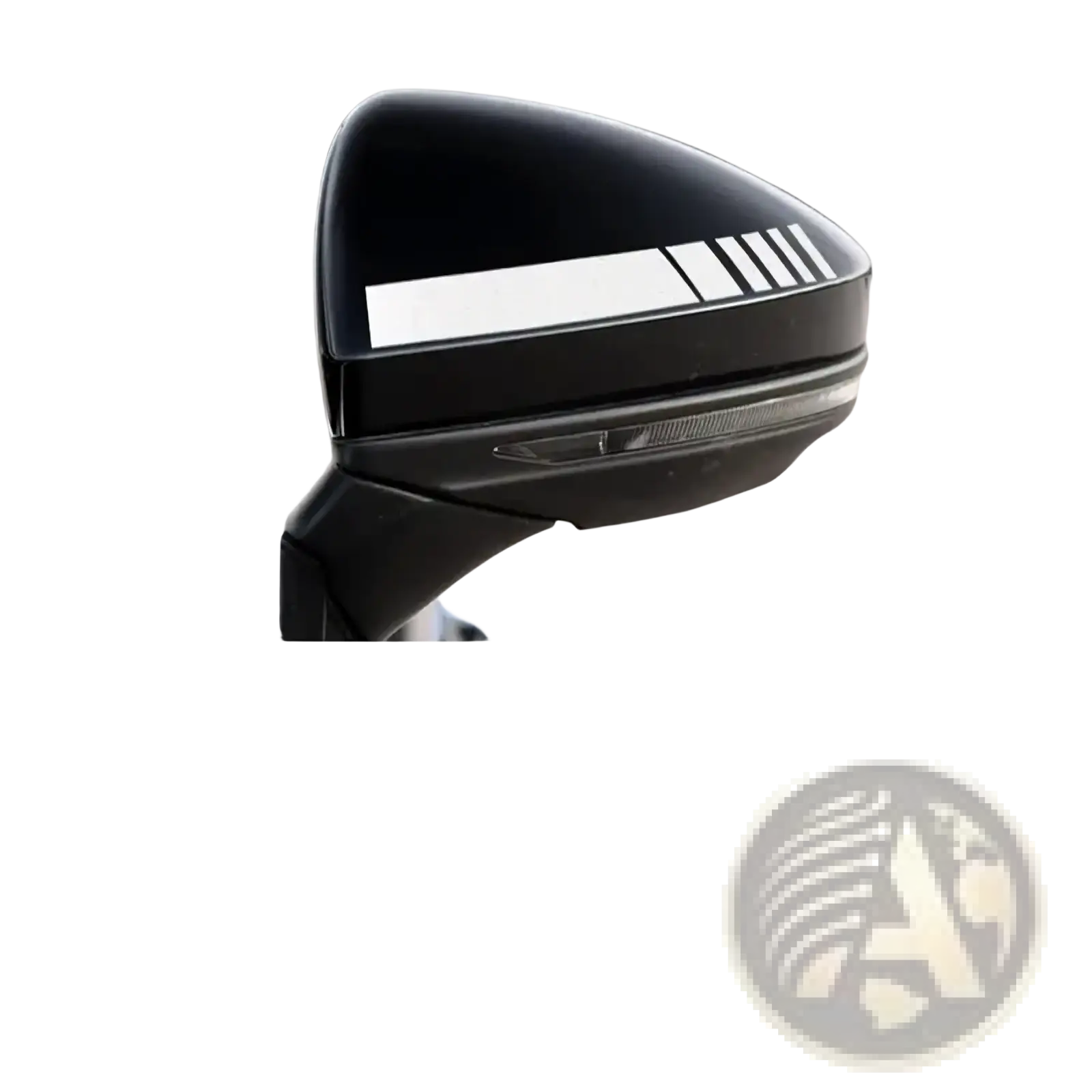 Black car rearview mirror with white striped vinyl decal featuring three diagonal lines in a striped decals set