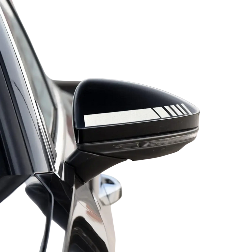Black car rearview mirror with sleek glossy finish and white striped vinyl decal featuring three parallel lines