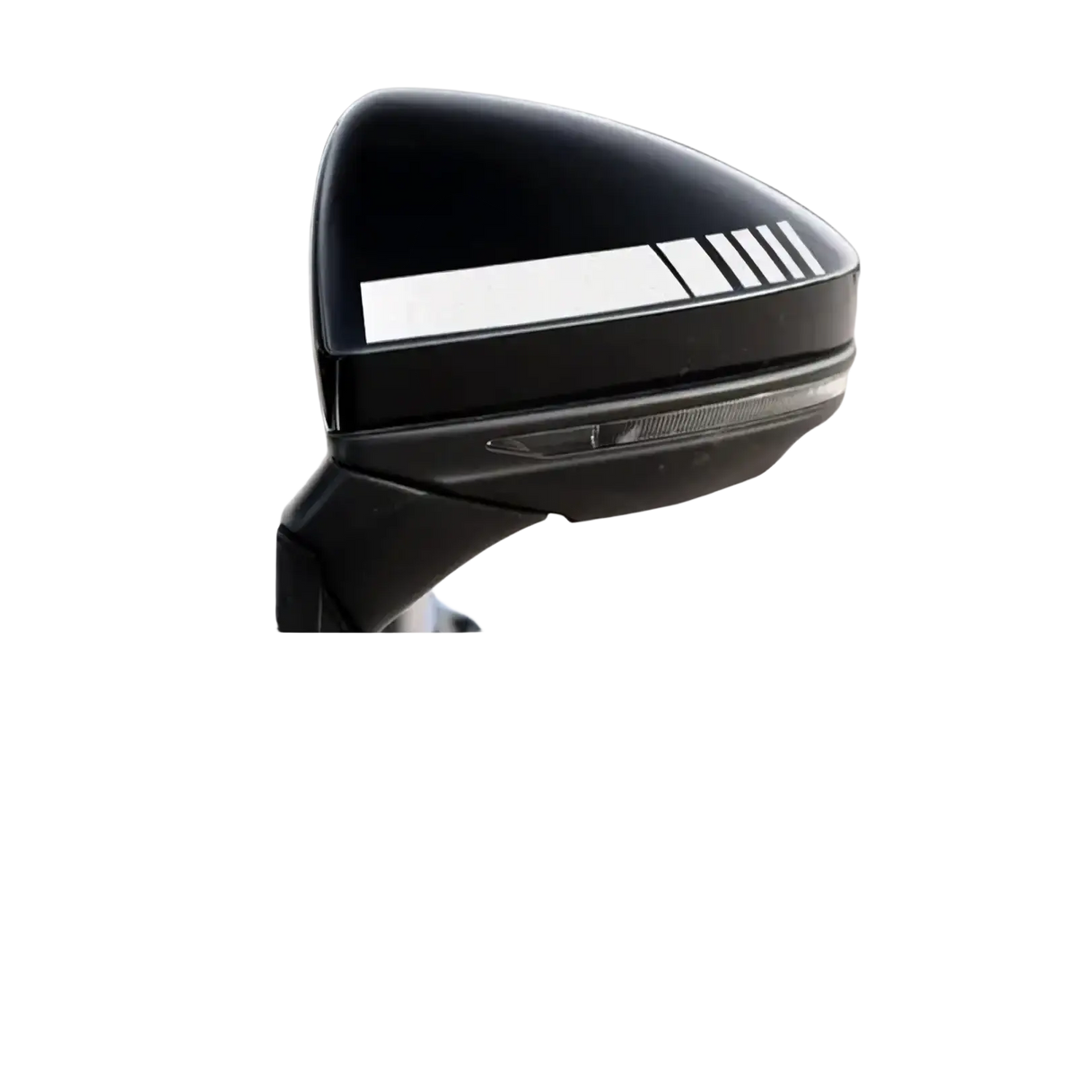 Black car rearview mirror with white striped vinyl decal featuring three diagonal lines in a striped decals set