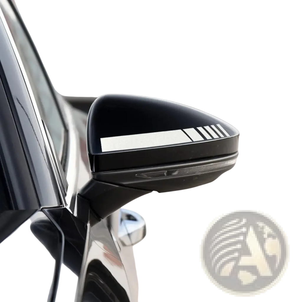 Black car rearview mirror with sleek glossy finish and white striped vinyl decal featuring three parallel lines