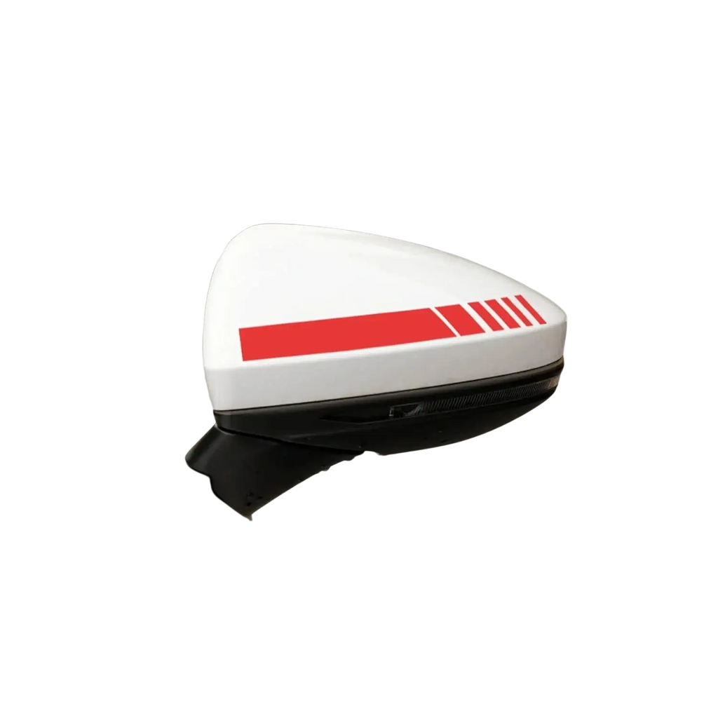 White car side mirror with bold red vinyl stripe and four thinner parallel lines from car rearview mirror striped vinyl decals set