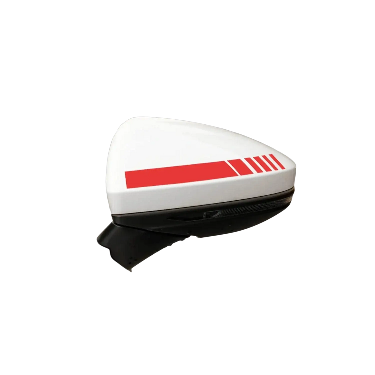 White car side mirror with bold red vinyl stripe and four thinner parallel lines from car rearview mirror striped vinyl decals set