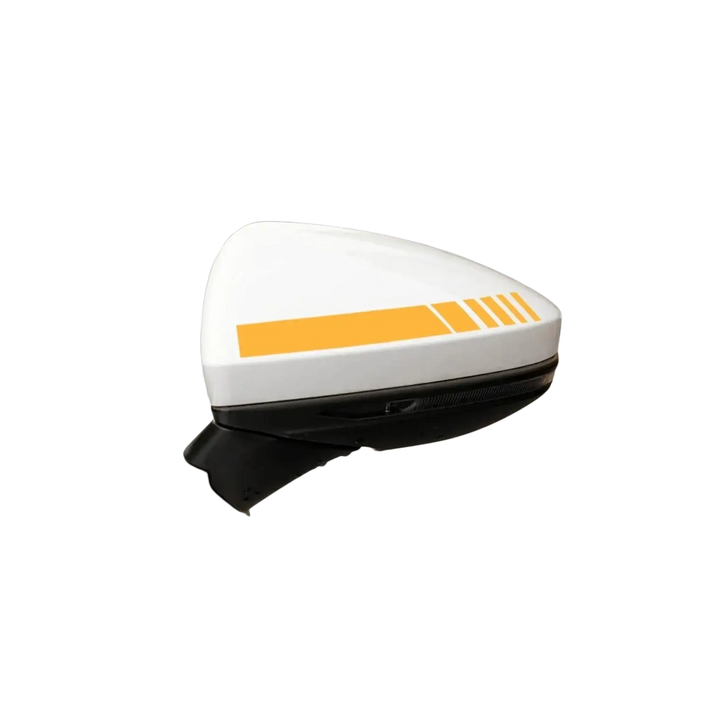 White car rearview mirror showing striped vinyl decal set with bold orange four parallel lines on side mirror surface
