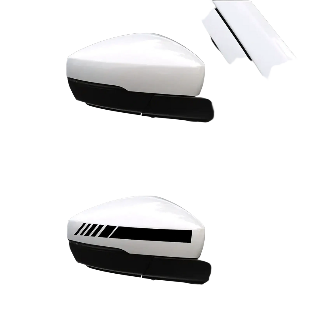 White car rearview mirror with black diagonal stripe vinyl decal applied on the back side of the mirror surface