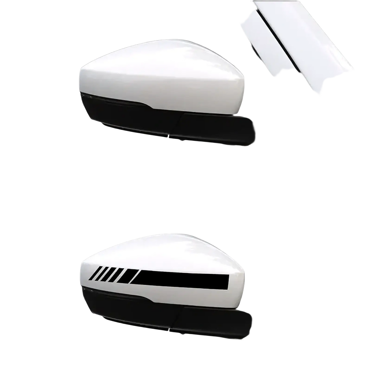 White car rearview mirror with black diagonal stripe vinyl decal applied on the back side of the mirror surface