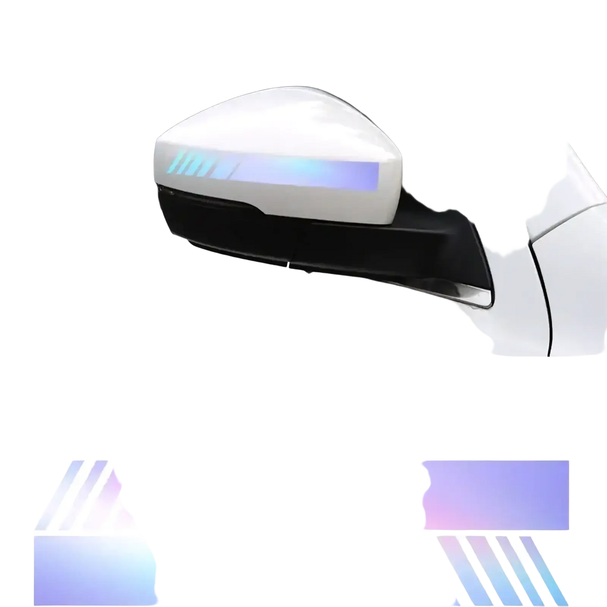 White car rearview mirror showing a glowing rainbow-colored led strip vinyl decal from the striped vinyl decals set
