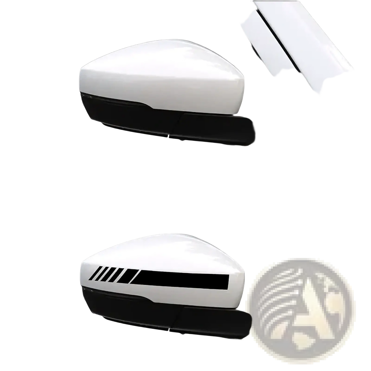 White car rearview mirror with black diagonal stripe vinyl decal applied on the back side of the mirror surface