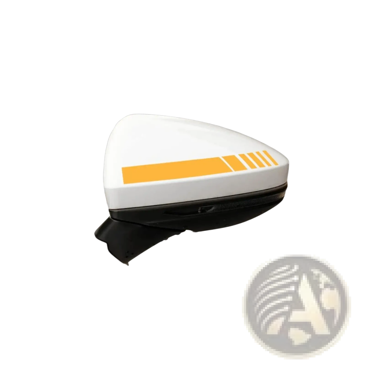 White car rearview mirror showing striped vinyl decal set with bold orange four parallel lines on side mirror surface