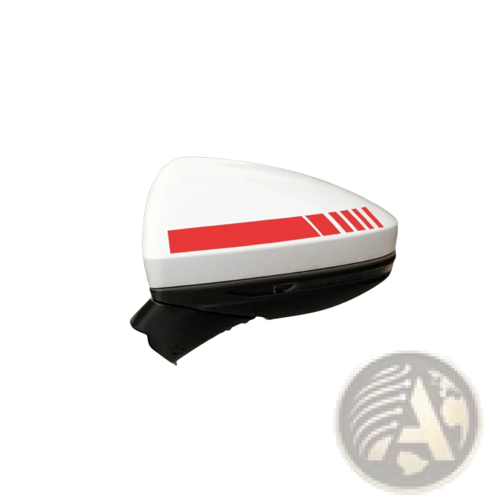 White car side mirror with bold red vinyl stripe and four thinner parallel lines from car rearview mirror striped vinyl decals set
