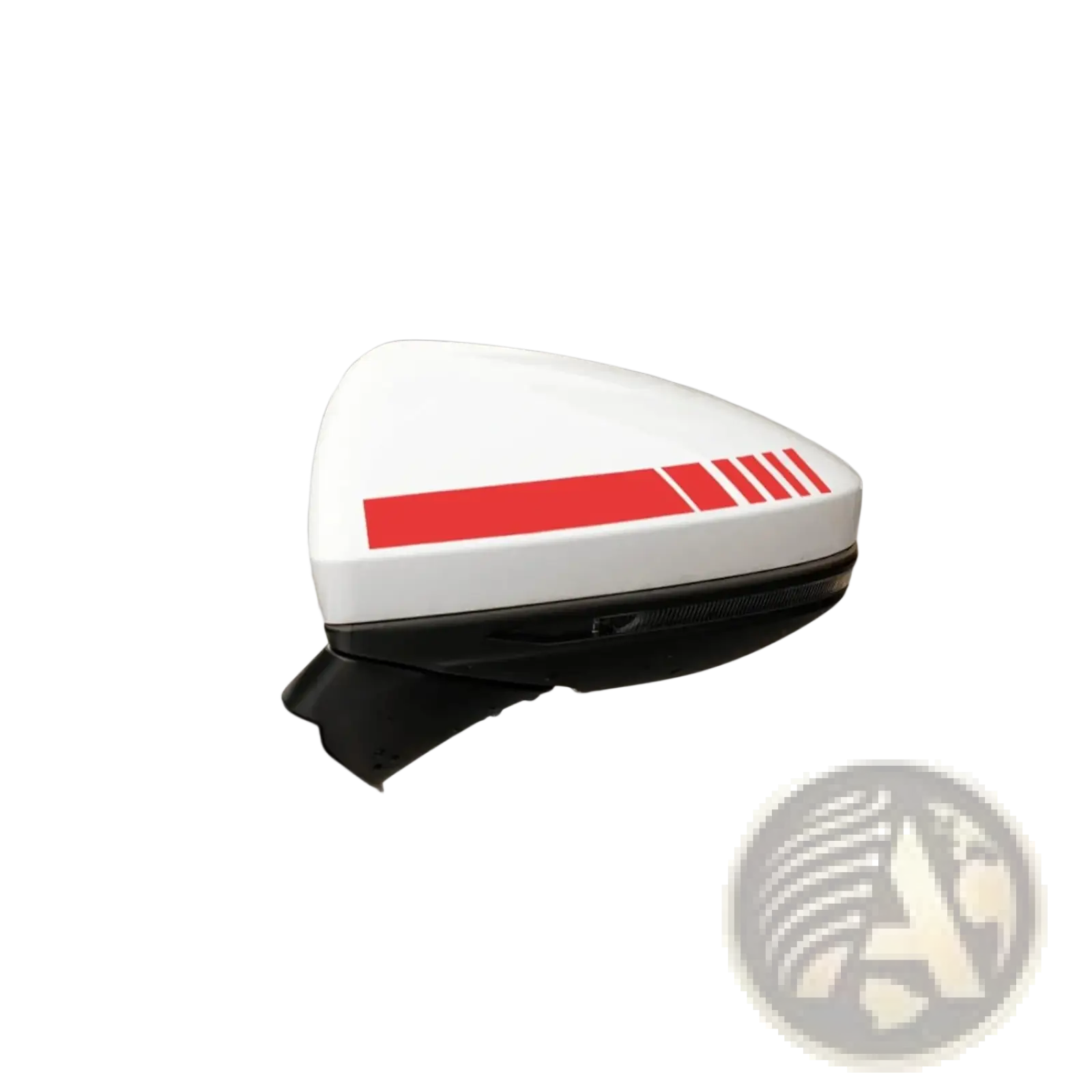 White car side mirror with bold red vinyl stripe and four thinner parallel lines from car rearview mirror striped vinyl decals set