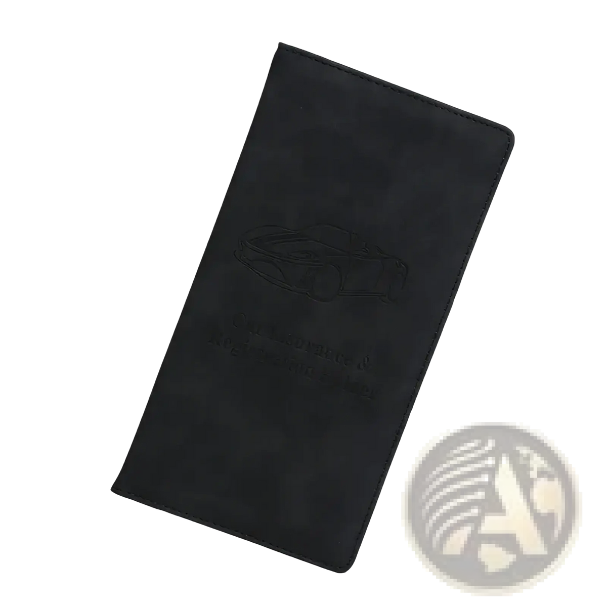 Black leather car registration and insurance holder with embossed car design and textured finish