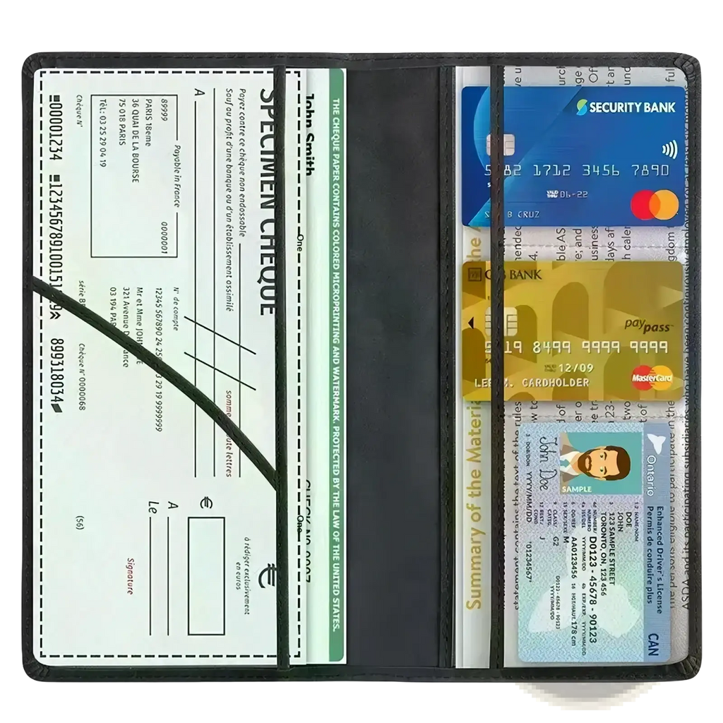 Black leather car registration and insurance holder with multiple card slots and check compartment for document organization
