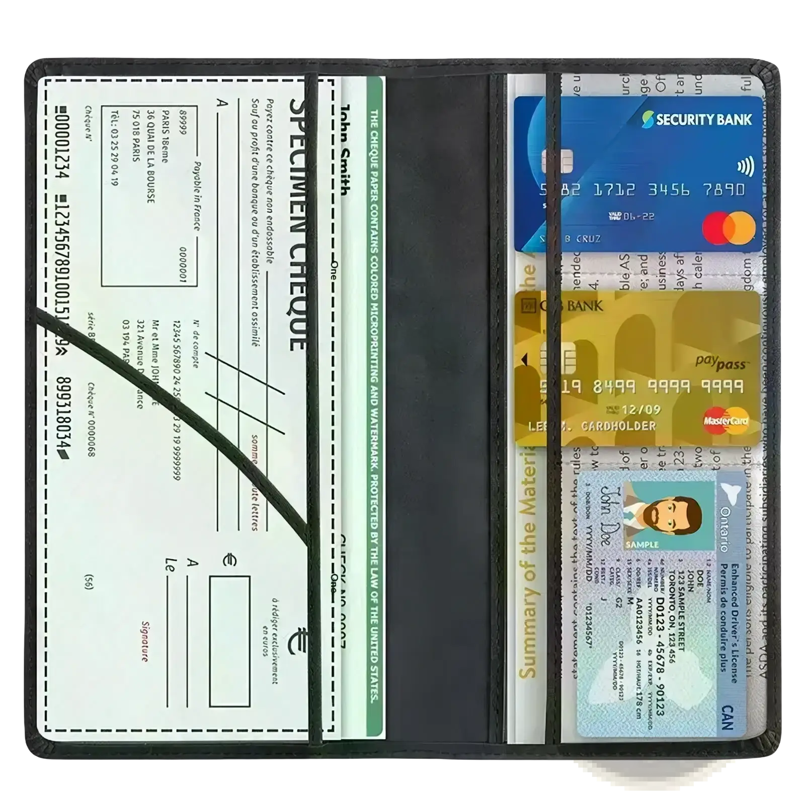Black leather car registration and insurance holder with multiple card slots and check compartment for document organization