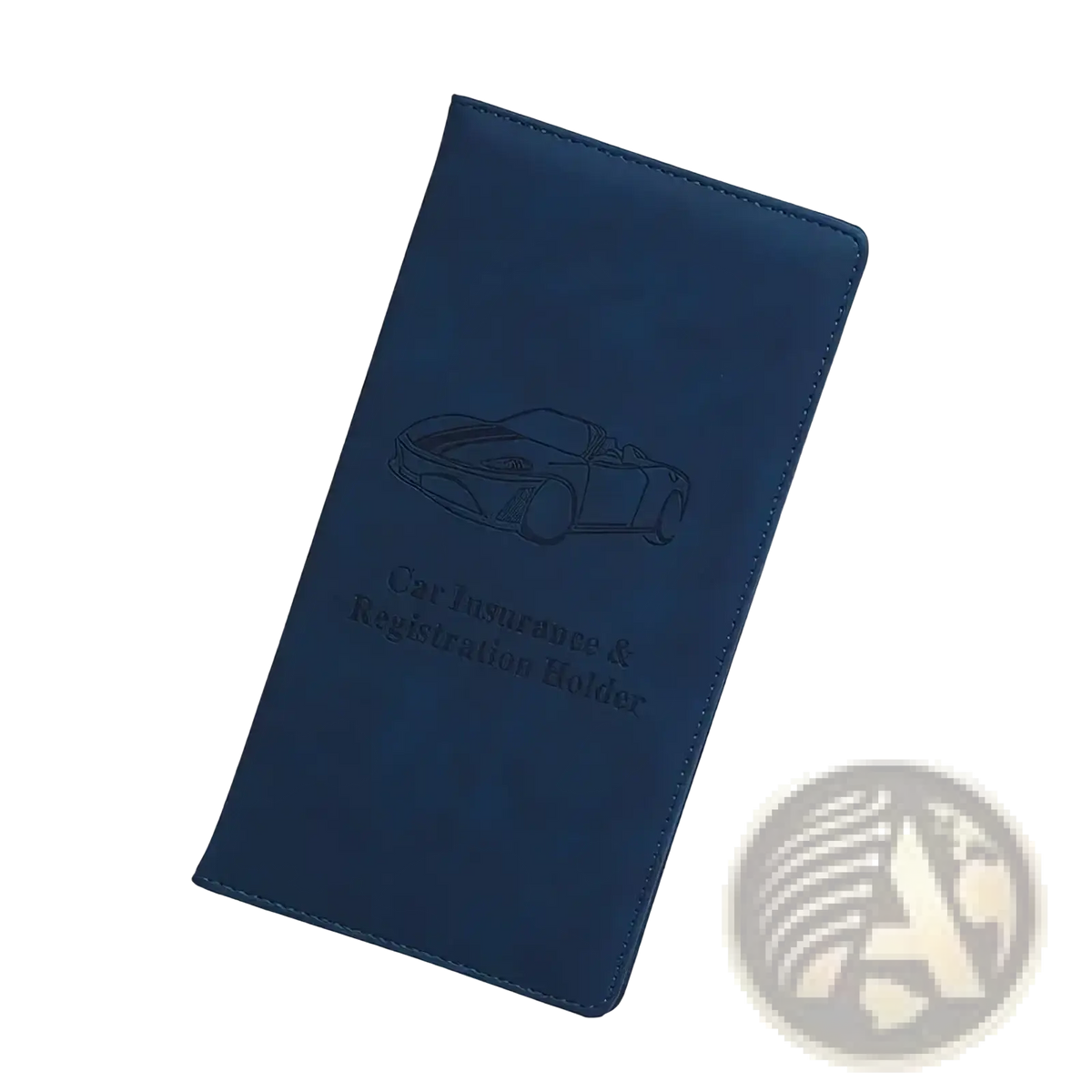 Dark blue leather car registration and insurance holder with embossed sports car design organizer for documents