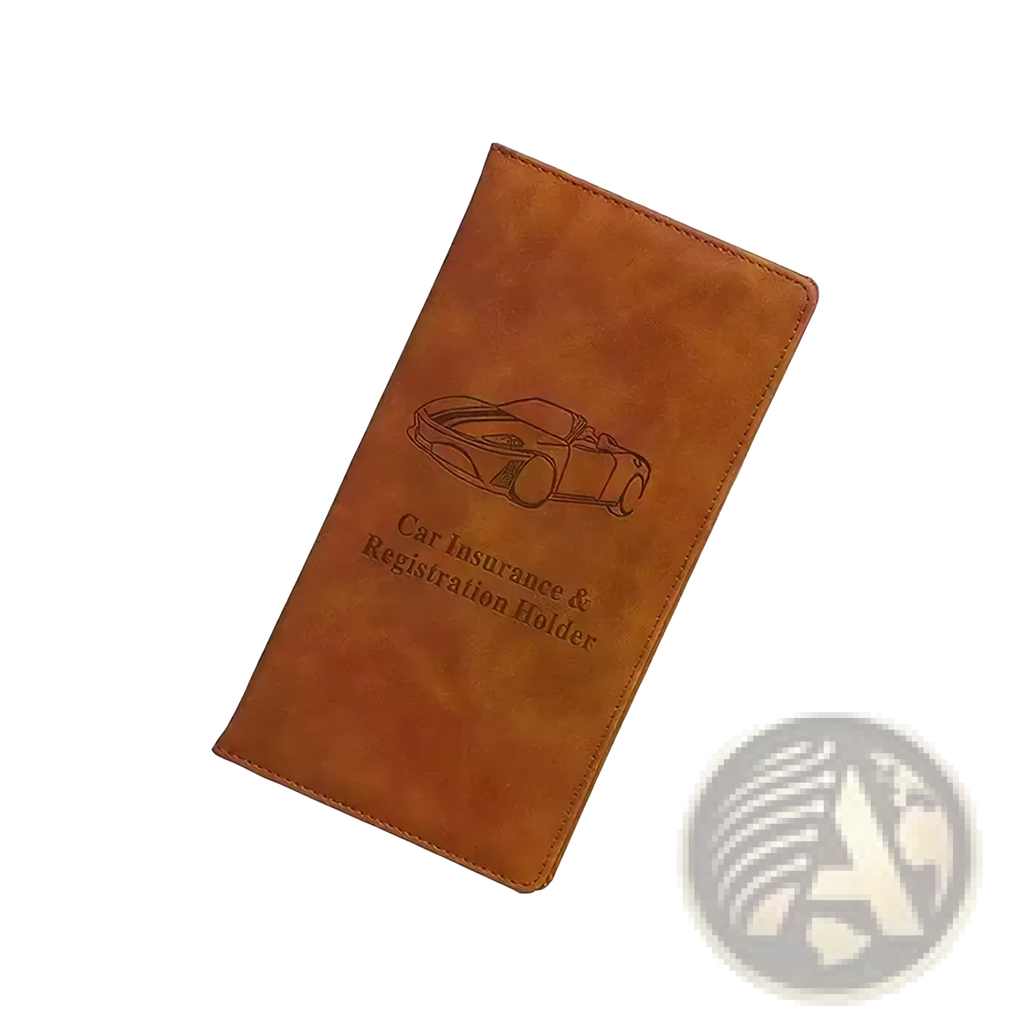 Brown leather car registration and insurance holder with debossed sports car design for document organization