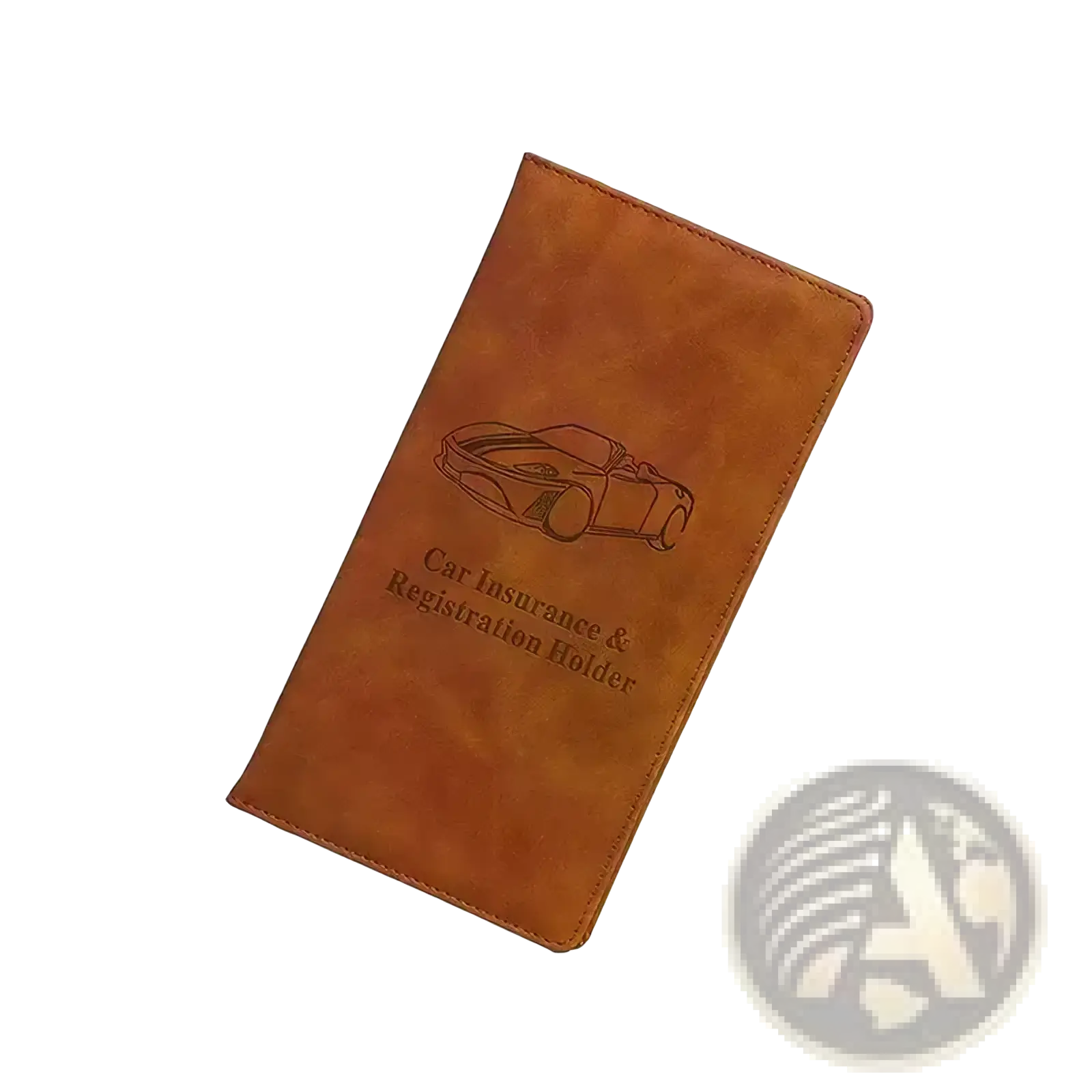 Brown leather car registration and insurance holder with debossed sports car design for document organization