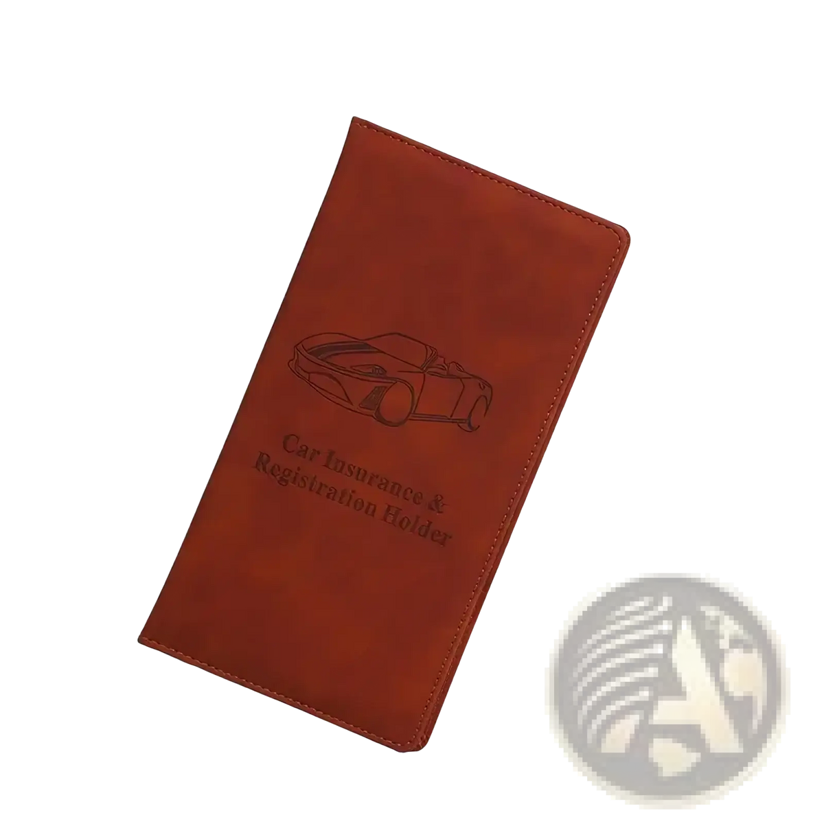 Brown leather car registration and insurance holder with debossed sports car design for document organization