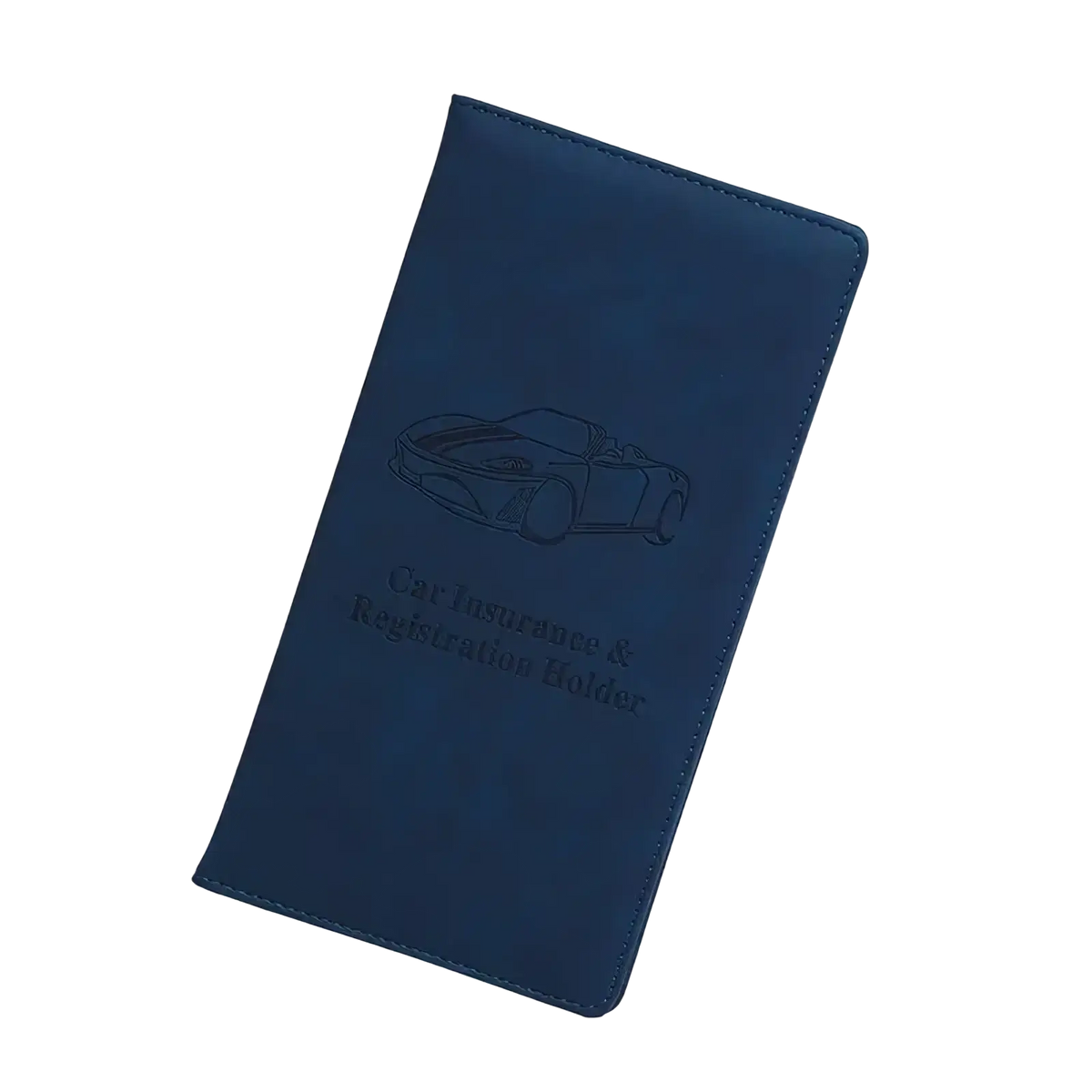 Dark blue leather car registration and insurance holder with embossed sports car design organizer for documents