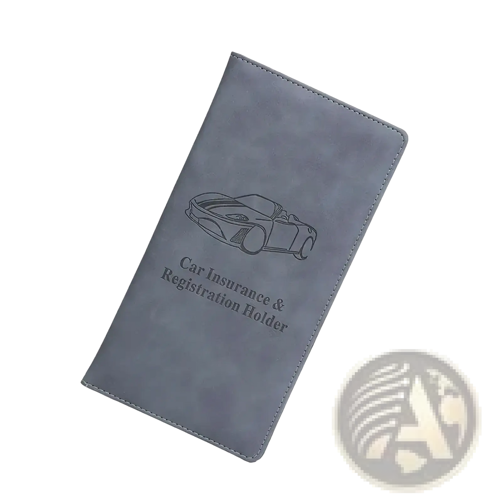 Gray faux leather car registration and insurance holder with embossed sports car design for document organization