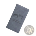 Gray faux leather car registration and insurance holder with embossed sports car design for document organization