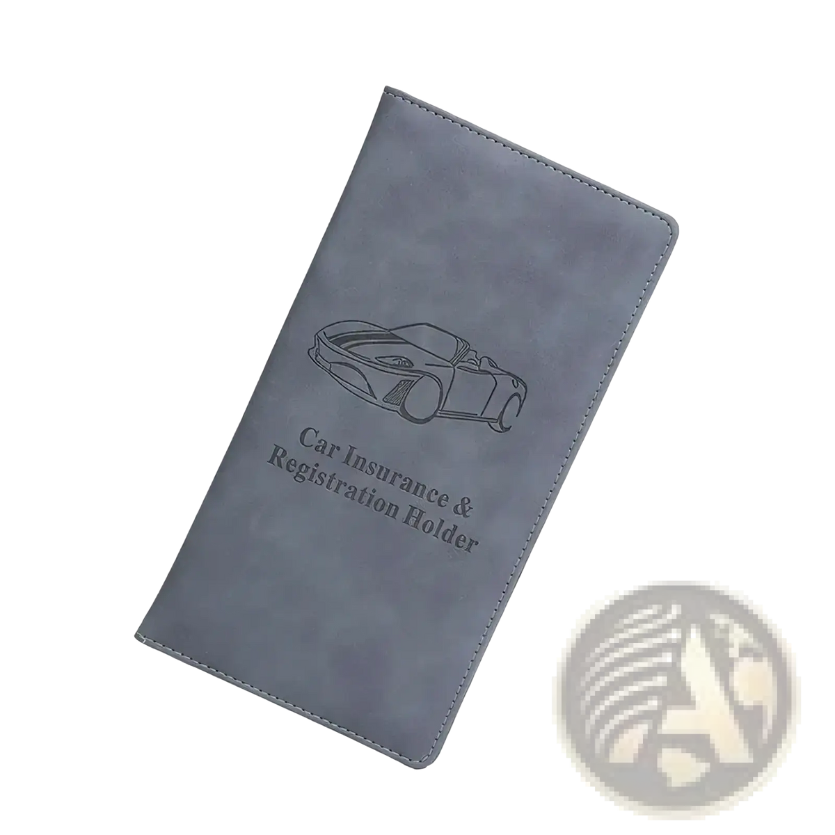 Gray faux leather car registration and insurance holder with embossed sports car design for document organization
