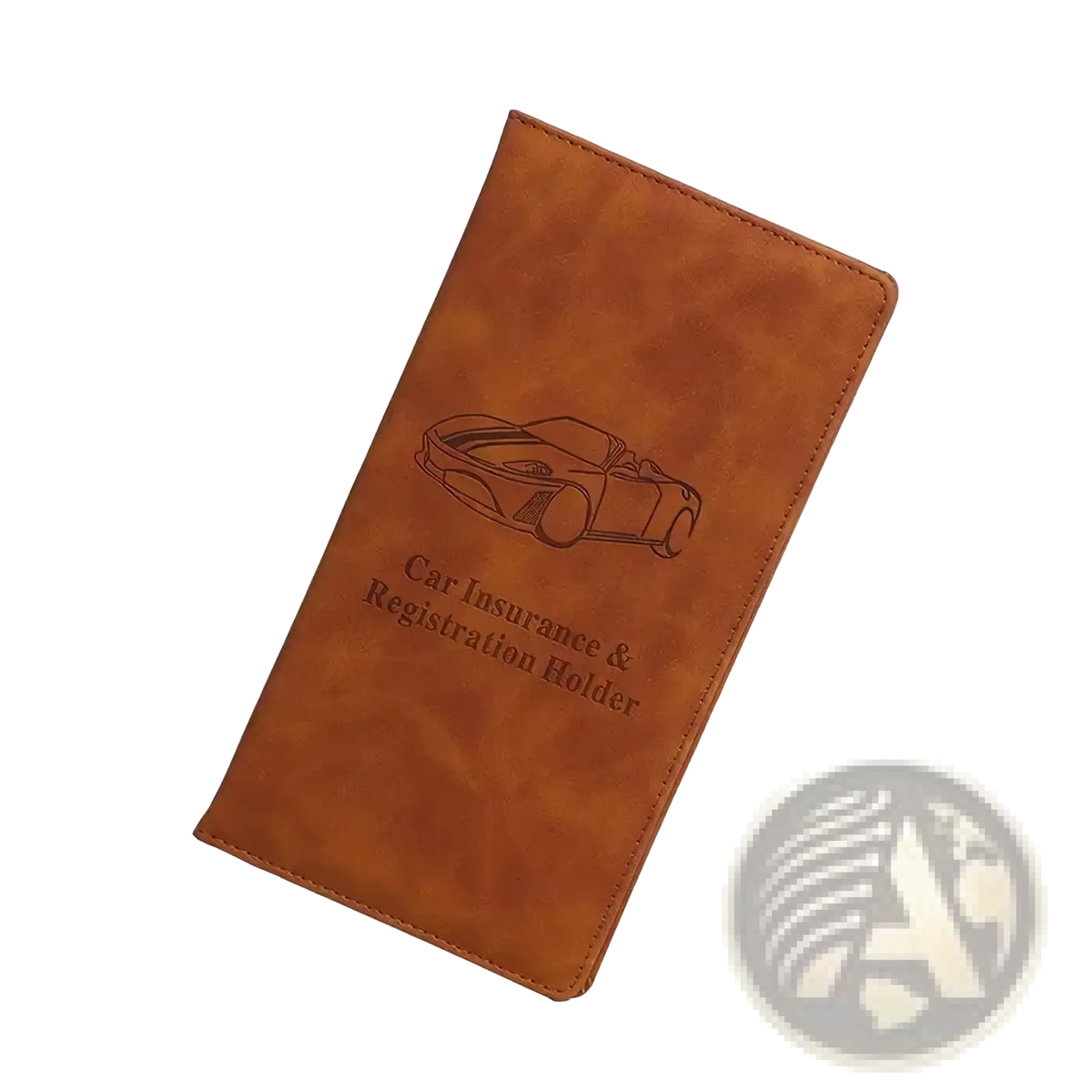 Brown leather car registration and insurance holder with debossed sports car illustration for document organization