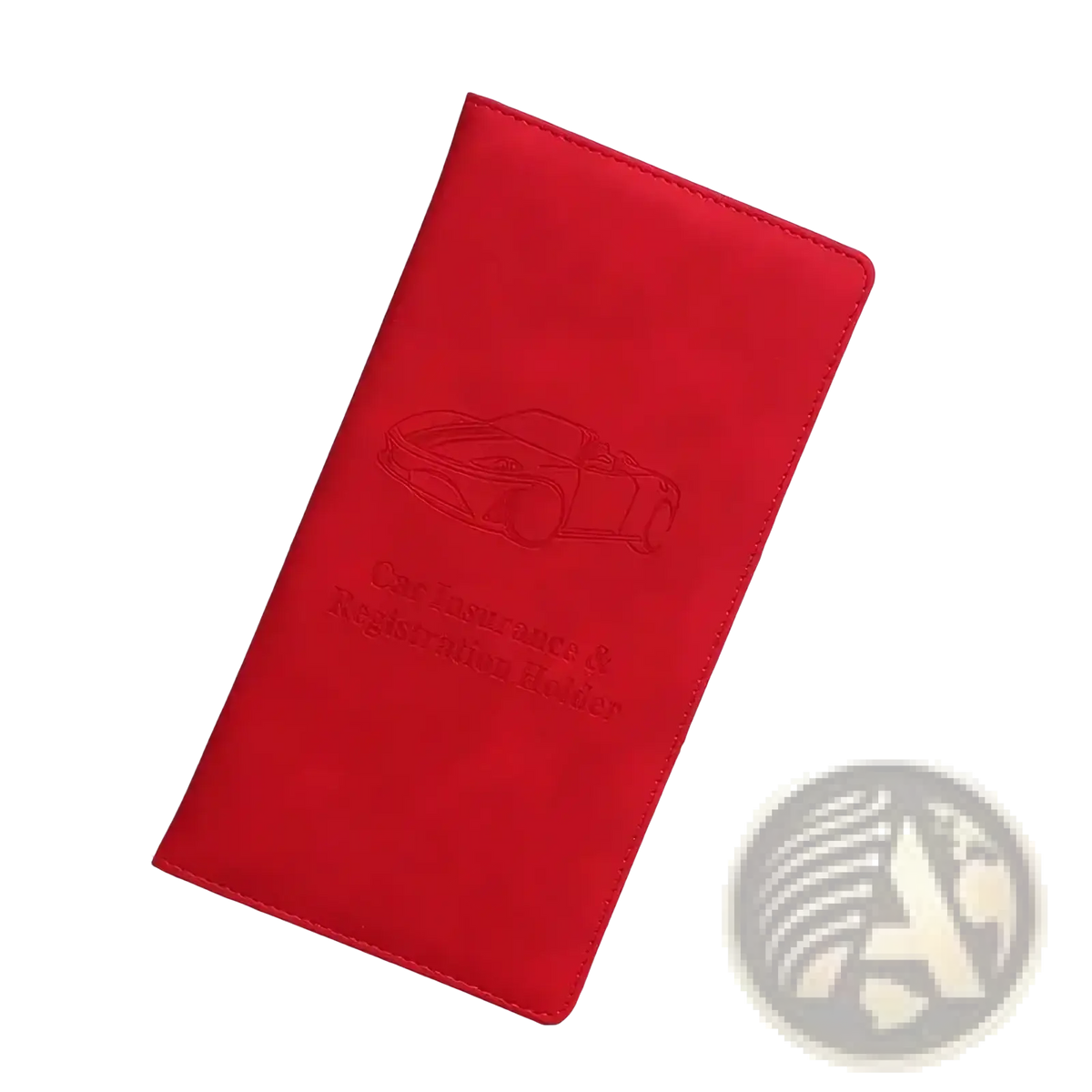Red leather car registration and insurance holder with embossed car silhouette for organizing documents