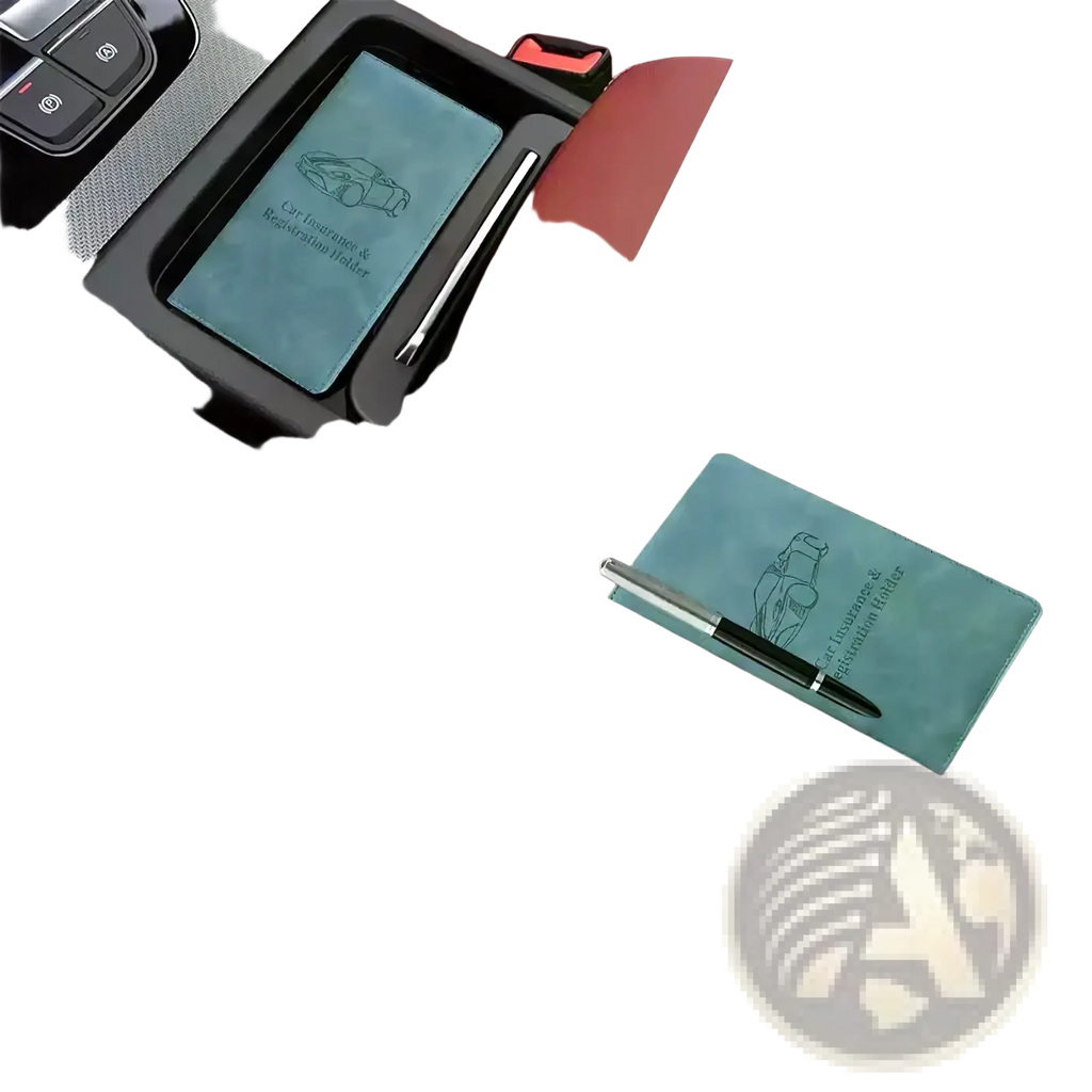 Teal leather car registration and insurance holder with debossed car outline design for document organization